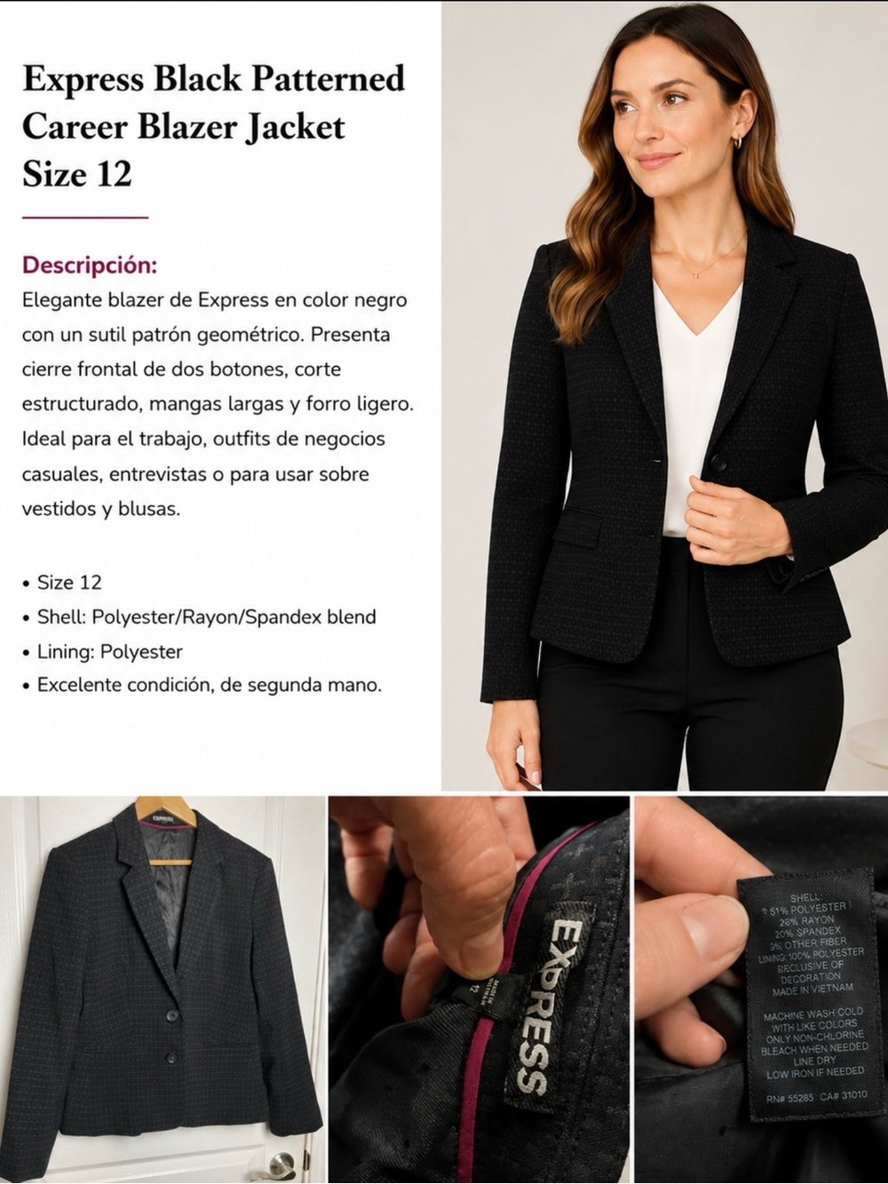 Express Black Patterned Career Blazer Jacket Size 12